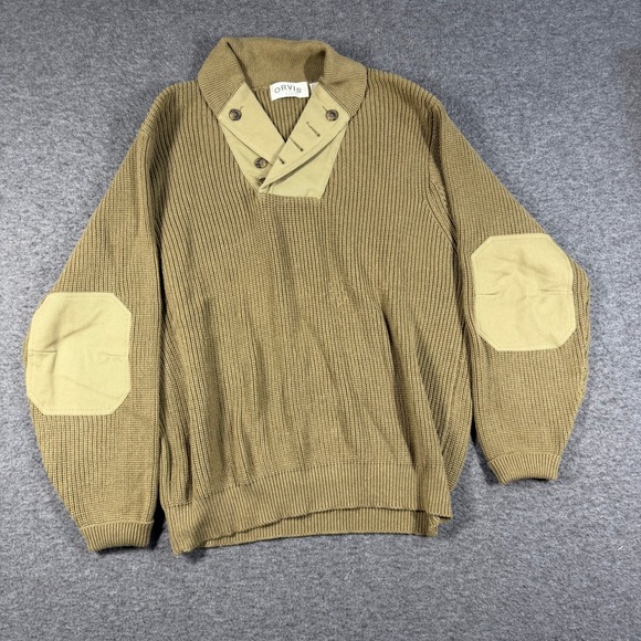 Orvis Other - Orvis Mens L Tan Khaki Cotton Tactical Shawl Collar Sweater Elbow Patches